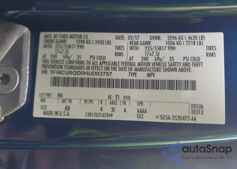 2017 Ford Escape Se from USA, damaged, VIN 1FMCU0GD0HUD03757